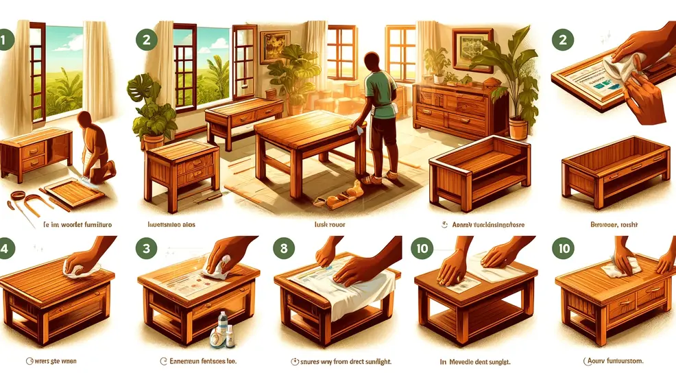 An-instructional-image-on-how-to-care-for-wooden-furniture-in-Kenyas-climate.-The-scene-includes-a-person-using-a-soft-cloth-to-clean-a-wooden-table